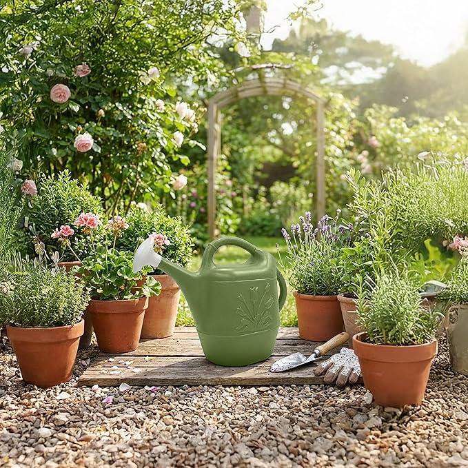 Union Products 63068 2 Gallon Plastic Indoor/Outdoor Watering Can w/ Tulip Design for Garden, Potted Plants, & Patio Pots, Sage Green