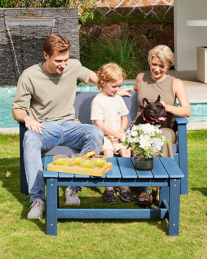 SERWALL Blue HDPE Outdoor Loveseat with Grey Cushions