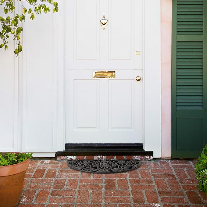 Kempf Rubber Scroll Doormat Half Moon Mat, Indoor Outdoor Entrance Mat, Low Clearance, Functional and Easy to Clean, Wrought Iron Scroll Design