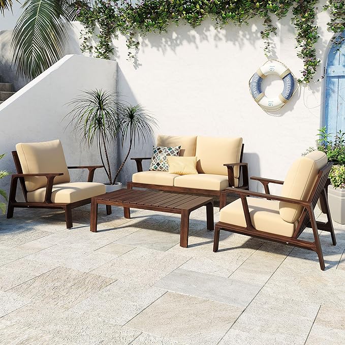 4 Pieces Outdoor Sofa Set 4-Person Patio Seating Group Outdoor Conversation Set with Cushions and a Coffee Table for Patios, Gardens, or Balcony, Dark Brown +Beige Cushion