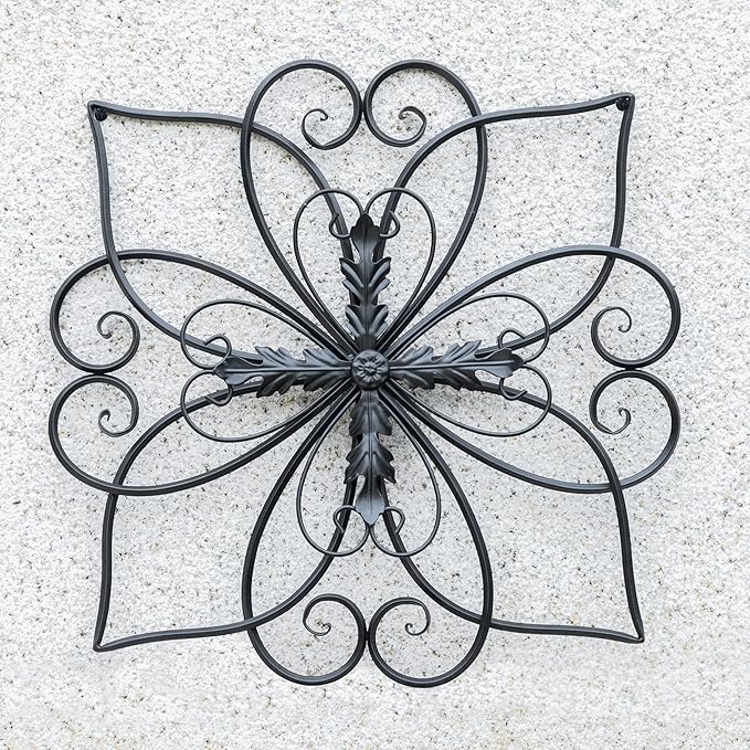 Glitzhome Black Metal Wall Art Decor, 20 Inch Iron Wall Decor with Heart and Petal Scroll Design, Indoor Outdoor Wall Accent for Garden Porch Patio