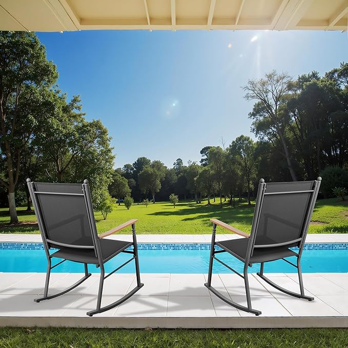 JY QAQA Outdoor Rocking Chair Set of 2, High Back All-Weather Patio Rocking Chairs with Breathable Back Rest for Adult, Ergonomic Design Porch Rocking Chairs for Porch, Garden, Balcony, Pool, Black