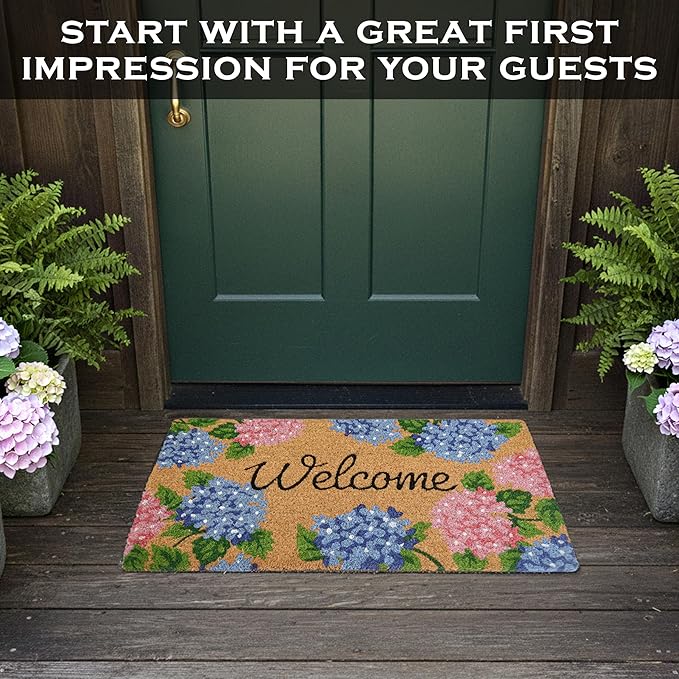 MAINEVENT Hydrangea Door Mat 30x17 Inch, Vibrant Hydrangea Doormat Outdoor, Hydrangeas Outdoor Mat for Spring, Floral Doormat for Summer, Welcome Mat Floral, Coir Spring Door Mat