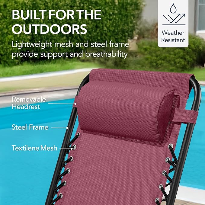 Best Choice Products Outdoor Folding Rocking Chair, Zero Gravity Lounge Chair, Patio Rocker w/Headrest Pillow - Burgundy