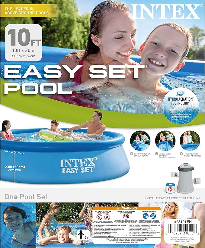 INTEX 28121EH Easy Set Inflatable Swimming Pool Set: 10ft x 30in – Includes 330GPH Cartridge Filter Pump – Puncture-Resistant Material – 1018 Gallon Capacity – 23in Water Depth