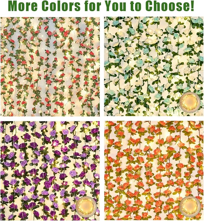 BLEUM CADE 5Pcs 41Ft Flowers Garland Artificial Rose Vines with 32.8Ft String Lights, Cute Fake Hanging Flower Vines Floral Garland Decorations for Wedding Party Wall Room Decor Aesthetic