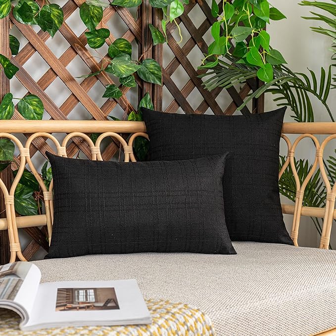 Kevin Textile Pack of 2 Outdoor Waterproof Pillow Covers Checkered Decorative Cushions Sham Throw Pillowcases Shell for Patio Tent Garden Couch Bed Sofa 22x22 Inch Black