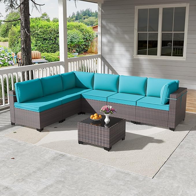 Kullavik 7 Pieces Outdoor Patio Furniture Set,Wicker Outdoor Sectional Sofa,All-Weather Patio Conversation Sets with Washable Thick Cushions & Coffee Table for Garden,Backyard,Balcony,Porch,Blue