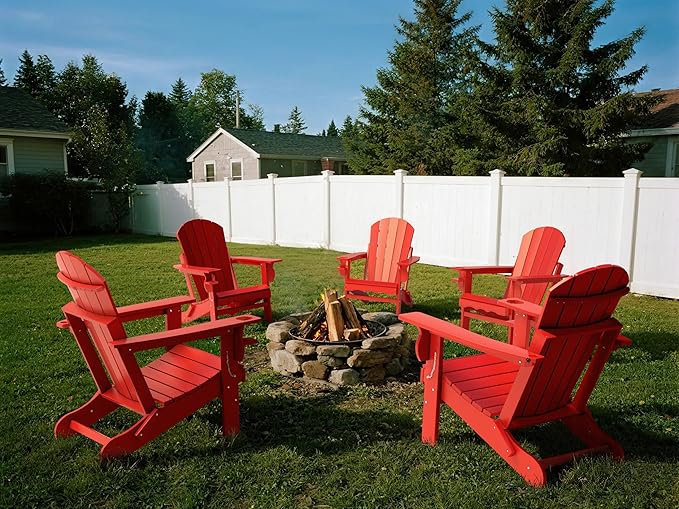 Folding Adirondack Patio Chairs, HDPE Fire Pit Chairs Weather Resistant, Outdoor Adirondack Chair with Cup Holder and Umbrella Hole, Wood Texture, Dark Red