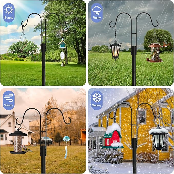 Bird Feeder Pole with 4 Multiple Shepherds Hooks for Outdoor, Heavy Duty Standing Bird Feeding Station Pole - 92 Inch Height Adjustable Bird Feeder Stand with 5 Prong Base for Large Bird Feeders
