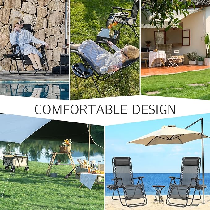 NEWBULIG Zero Gravity Chair Set of 2, Lounge Chair Folding Portable Adjustable Camping Reclining Chairs with Adjustable Pollow, Mesh Back, Cup Holder Trays Lawn Patio Chair for Pool Beach