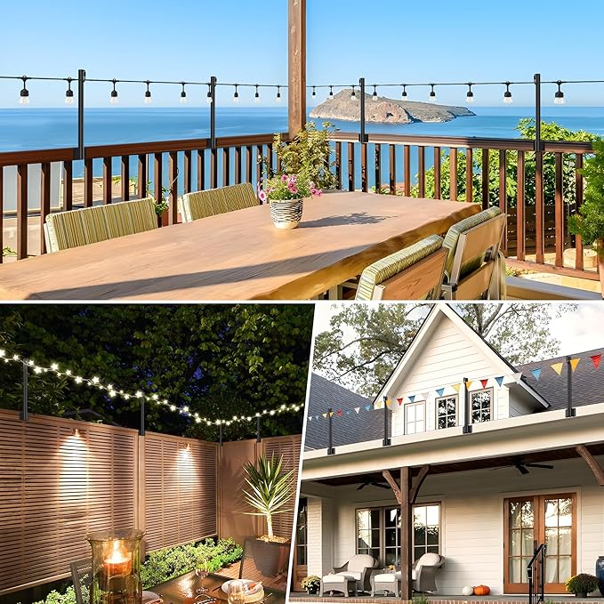 Suchtale Wall Mounted String Light Pole, Fence Extender with Clip and Bracket,Outdoor String Lights Hangers, Wall Mounting Stand for Deck Patio Garden Christmas Wedding Party,1.3 FT 8 Pack, Black