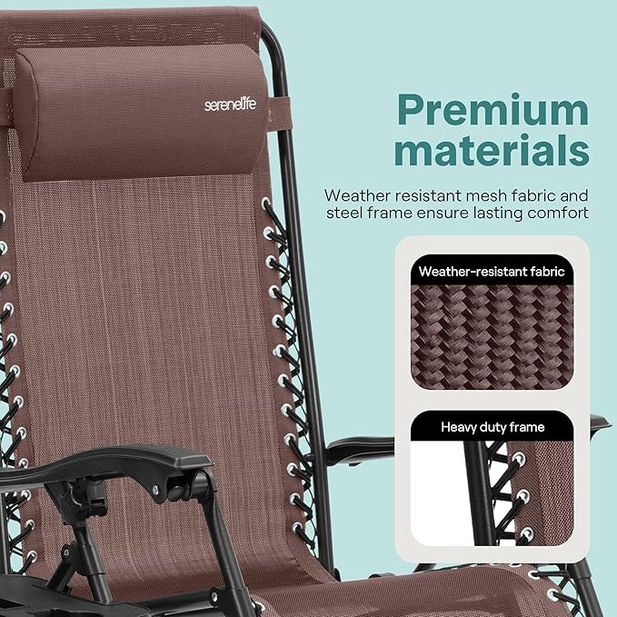 SereneLife Set of 2 Adjustable Steel Mesh Zero Gravity Lounge Chair Recliners w/Pillows and Cup Holder Trays - Brown