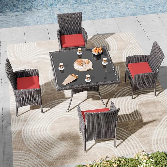 Kullavik 5-Piece Outdoor Dining Set Patio Rattan Furniture Set,Patio Dining Table and Chairs Set with 4 Chairs and Cushions,Square Glass Tabletop with Umbrella Hole for Patio,Red