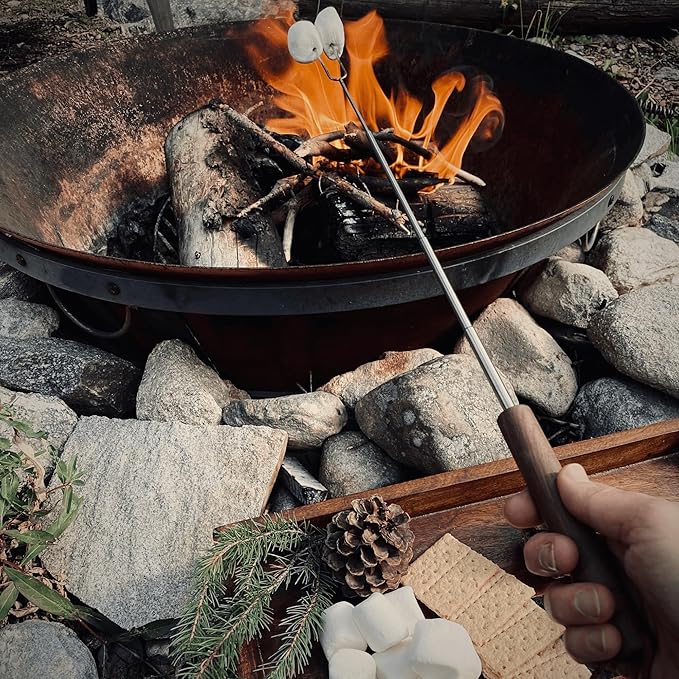 Smores Sticks | Set of 6 Marshmallow Roasting Sticks | Extendable Stainless Steel w/Walnut Handles | Smore Sticks for Marshmallow Sticks for Fire Pit | Smore Sticks for Fire Pit