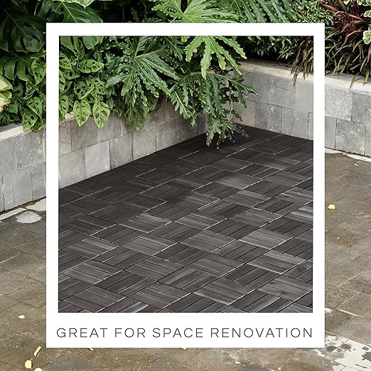 10 Pcs Deck Tiles, Patio Flooring - Outdoor Waterproof Acacia Wood Tiles for All Weather Use - Balcony, Backyard, Indoor & Outdoor (Black Crossed Pattern, 10 Square Ft)