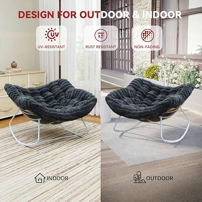 Papasan Rocking Chair, Rattan Rocking Chair, Oversized Outdoor Chair with Deep Seat Thick Cushion, Patio Rocking Chair for Bedroom/Porch/Garden (Deep Grey & White)