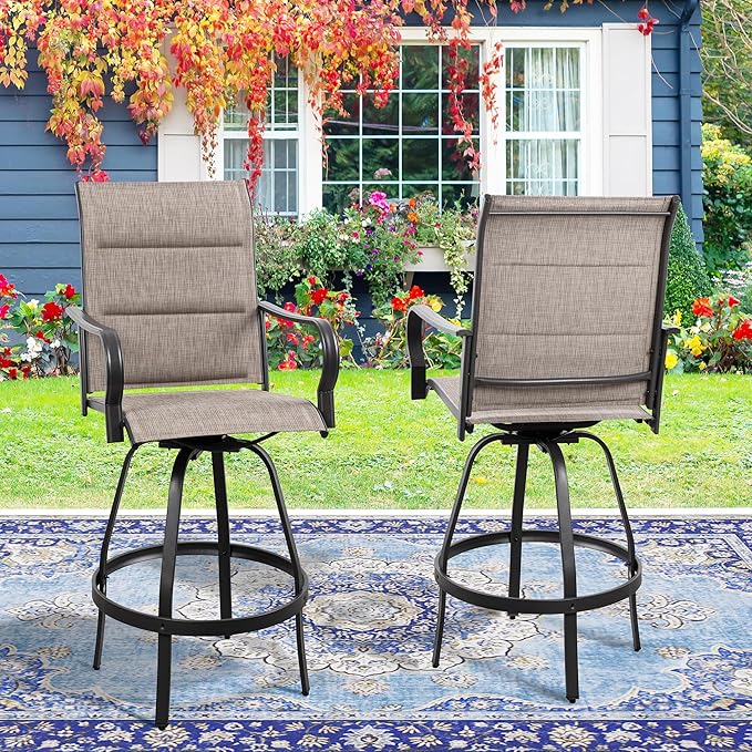 Vongrasig 2 Piece Outdoor Patio Swivel Bar Chairs, All Weather Padded Sling Textile High Top Bar Stools, Bistro Set for Backyard, Lawn Garden, Balcony, Gray