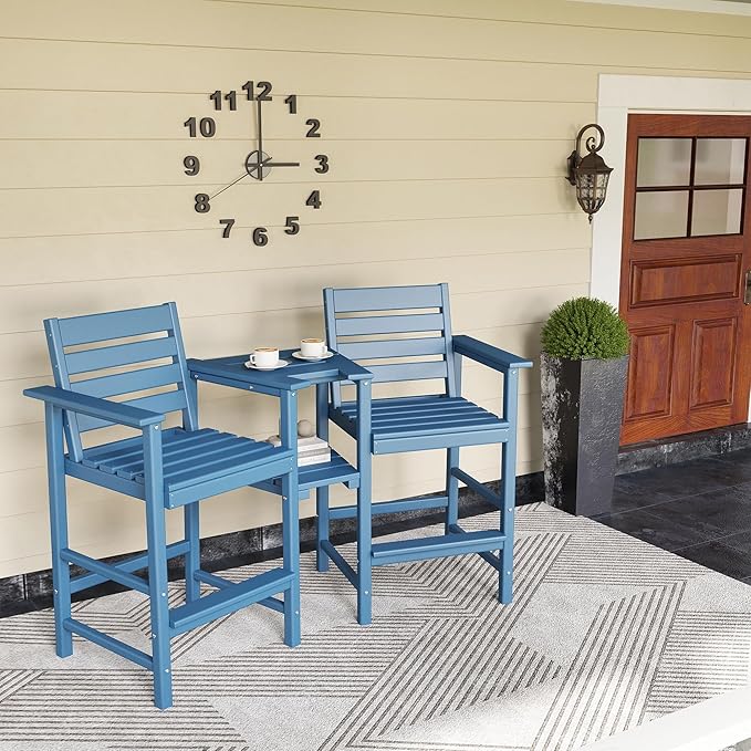 Tall Adirondack Chairs Set of 2, HDPE Balcony Chair, All Weather Adirondack Bar Height Chairs Set of 2 with Two Detachable Tray, Outdoor Bar Stools Set for Bistro, Poolside, Patio, Blue