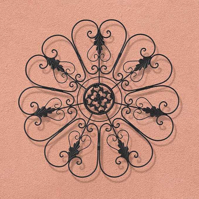Glitzhome Traditional Iron Scroll Wall Decor, Outdoor Metal Wall Art Scroll-Work with Sturdy Powder-Coated Matte Black Finish Garden Wall Art, Black, 23.75" D