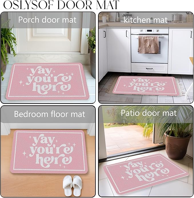 Funny Pink Door Mat, Yay You're Here Doormat for Front Door Indoor Outdoor Porch Entrance Entryway, Funny Welcome Mat Outside, 17x30 Inches