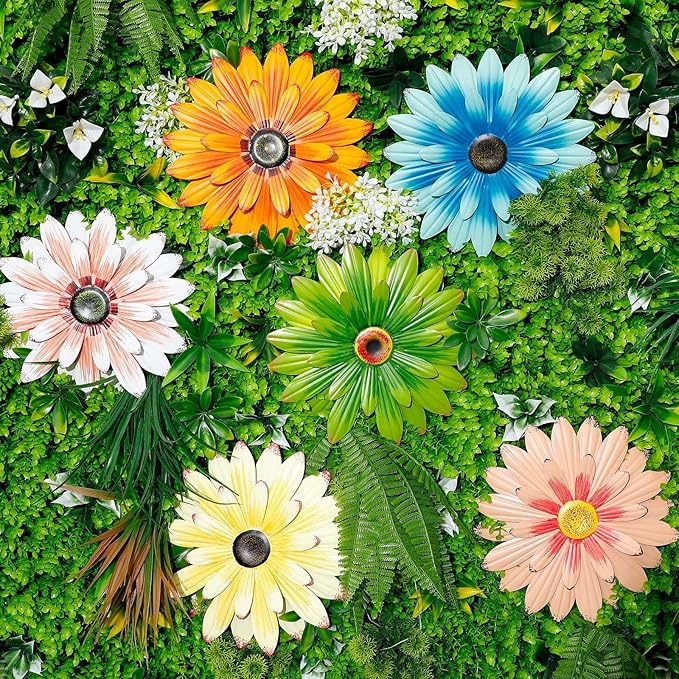 Zhehao 6 Pcs Metal Flower Wall Art Decor 10 Inch Sunflower Wall Decorations Hanging Outdoor Art Multicolored Handmade Metal Flowers Outdoor Decor(Elegant Color)