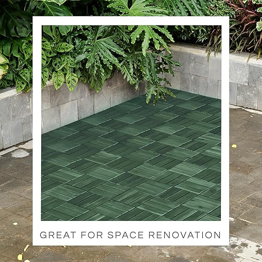 10 Pcs Deck Tiles, Patio Flooring - Outdoor Waterproof Acacia Wood Tiles for All Weather Use - Balcony, Backyard, Indoor & Outdoor (Knysna Green, 10 Square Ft)
