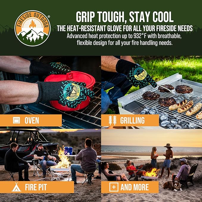 Fireside Outdoor Thermal BBQ Gloves Heat Resistant Cooking - Thermal Grill Gloves, Oven Mitts Heat Resistant, Oven Glove for Campfire Grilling, BBQ Mitts, Meat Smoking Accessories - 932°F Resistance