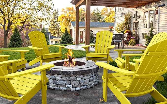 YEFU Adirondack Chairs Set of 2: Plastic Adirondack Chairs - Patio Chairs with Wood Texture - Outdoor Chair HIPS - Lawn Fire Pit Deck Porch Garden Chairs for Adults (Yellow)