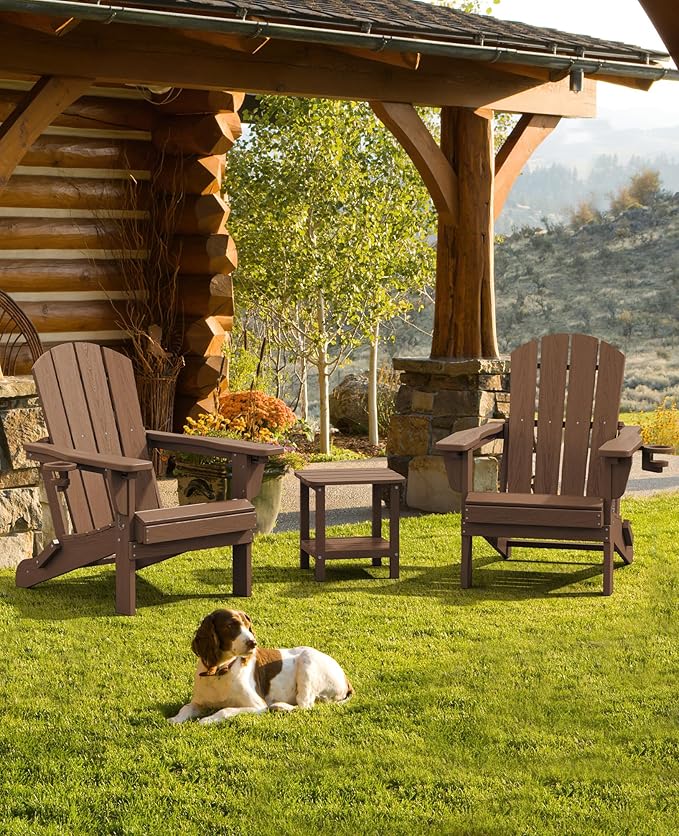 SERWALL Folding Adirondack Chair Set of 8, Reclining Adirondack Chair with 3 Recline Positions, All Weather HDPE Outdoor Adirondack, Brown
