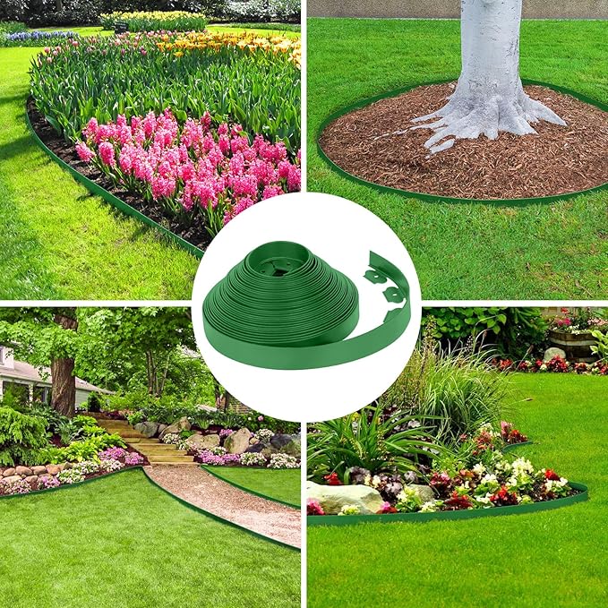 2-Inch x 33 FT Landscape Edging Border with 50 Spikes, Garden Edging Lawn Edging Border Kit, Plastic Edging Border Flexible for Garden Flower Beds Lawn Yard Pathway (Green)