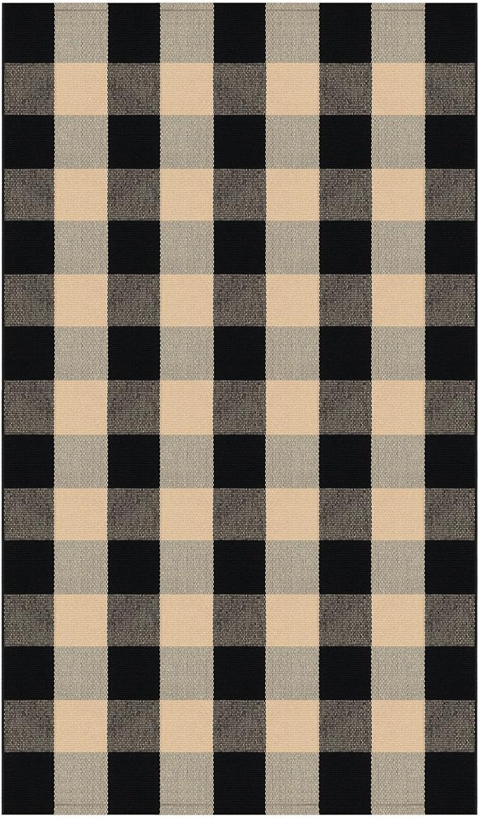 IOHOUZE Buffalo Plaid Checkered Rug 3x5 Ft Front Door Mats, Washable Area Rugs for Front Porch, Welcome Mats Indoor Outdoor, Entryway Rug for Entryway, Home Entrance, Tan Black