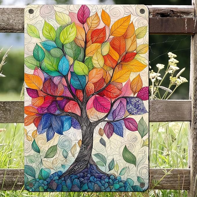 Love Trees Tin Sign Colorful Leaves Field Soil Vintage Metal Tin Sign for Wall Art Decor for Home Bars Clubs Cafes 12x16inch