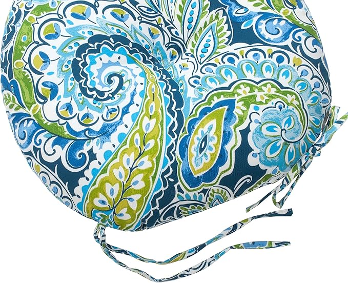 Magpie Fabrics Outdoor Round Bistro Seat Cushions with Ties, 15"x15"x4" Set of 2, Tufted Waterproof Barstool Chair Pads for Patio Home Garden Office, Paisley Lapis Green