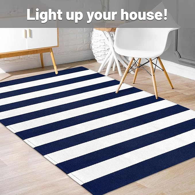 IOHOUZE Navy White Striped Rug -3x5 Front Door Mats Outdoor,Washable Rug for Front Porch Decor,Spring Summer Welcome Mats Outdoor Indoor, Doormat for Farmhouse/Entryway/Home Entrance