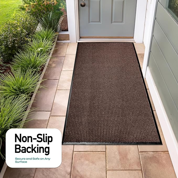 LuxUrux Ultimate Durability Heavy Duty Rubber Door Mat - Stylish, Low-Profile, Waterproof, and Easy to Clean - Ideal for Indoor and Outdoor Use in High Traffic Areas (4 x 6 Feet, Striped Brown)