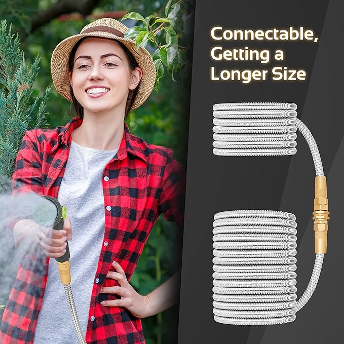 Garden Hose Metal - 25ft Heavy Duty Stainless Steel Water Hose with 8 Function Sprayer & Metal Fittings, Flexible, Lightweight, No Kink, Puncture Proof Hose for Yard, Outdoors, Rv