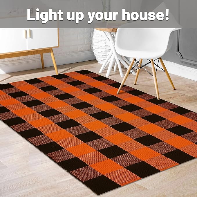 IOHOUZE Fall Buffalo Plaid Check Rug Outdoor Doormat 3x5 Ft Washable Woven Outdoor Indoor Welcome Mats for Front Door/Farmhouse/Entryway/Home Entrance Black and Orange Outdoor Rug