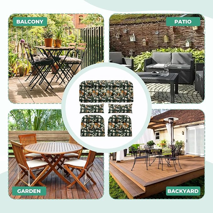 Wicker Chair Cushions of 5 Pieces, Waterproof Outdoor Loveseat Cushion for Wicker Furniture, 1 Love Seat Cushion, 2 U-Shape and 2 Lumbar Pillows for Patio Furniture (Black Flower)
