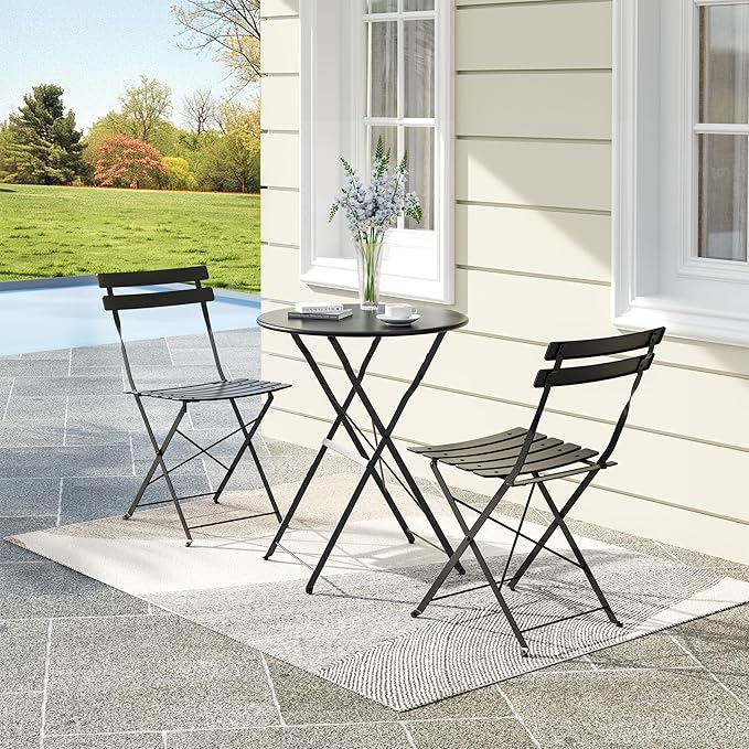 Bistro Table and Chairs Set of 2, 3 Piece Outdoor/Indoor Folding Patio Bistro Sets, 2 Chair Patio Furniture Set with Table, Premium Frame Foldable Coffee Tables for Balcony, Yard, Garden, Black