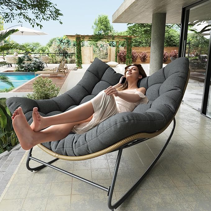 Outdoor Rocking Chair, Indoor Papasan Chair, Oversized Egg Rocking Chair with Thick Cushion, Rattan Wicker Rocker Lounge Chair for Bedroom, Living Room, Patio, Garden, Porch (Dark Grey)