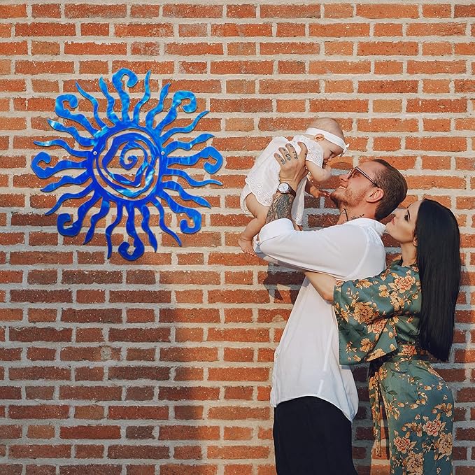 Moxweyeni 12 Inch Sun Metal Wall Art Outdoor Decor Wacky Large Sun Metal Art Wall Decor Pool Decorations for Home Bedroom Living Room Office Garden(Blue)