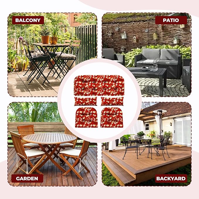 Wicker Chair Cushions of 5 Pieces, Waterproof Outdoor Loveseat Cushion for Wicker Furniture, 1 Love Seat Cushion, 2 U-Shape and 2 Lumbar Pillows for Patio Furniture (Red Flower)