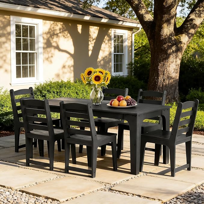 7-Piece HDPE Patio Dining Set, Weather-Resistant Outdoor Table with 2/1.5-Inch Umbrella Hole, Never Sagging One-Piece Tabletop with Metal Support Bars for Poolside Backyard Garden (Black)
