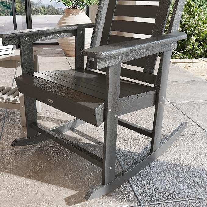 Outsunny Outdoor Rocking Chairs Set of 2, HDPE Patio Rocking Chairs with 28" High Back and Wide Armrests, All-Weather Slatted Porch Rockers for Garden, Balcony, Fire Pit, Dark Gray