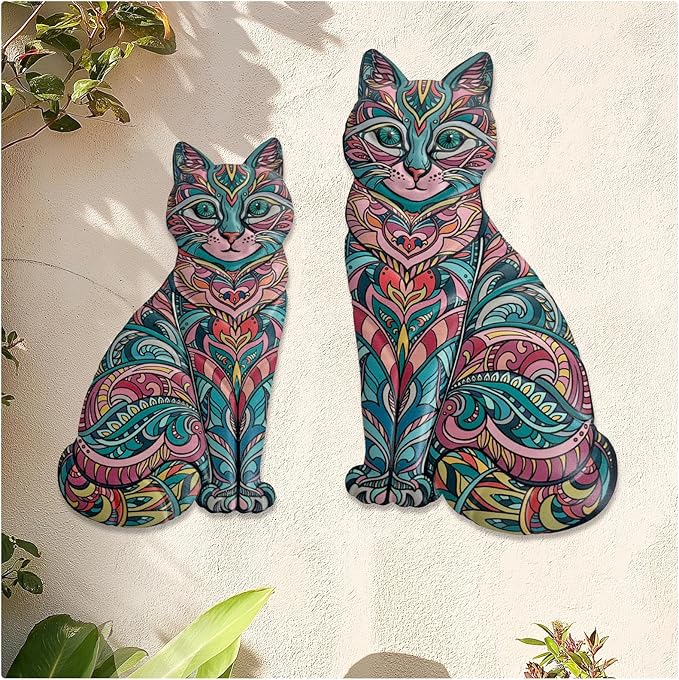 LIFFY Boho Cat Metal Wall Decor - Cute Hanging Meal Wall Art, Farmhouse Decor Meets Mid-Century Bohemian, Modern Decoration, Lovely Cat Gifts, for Women