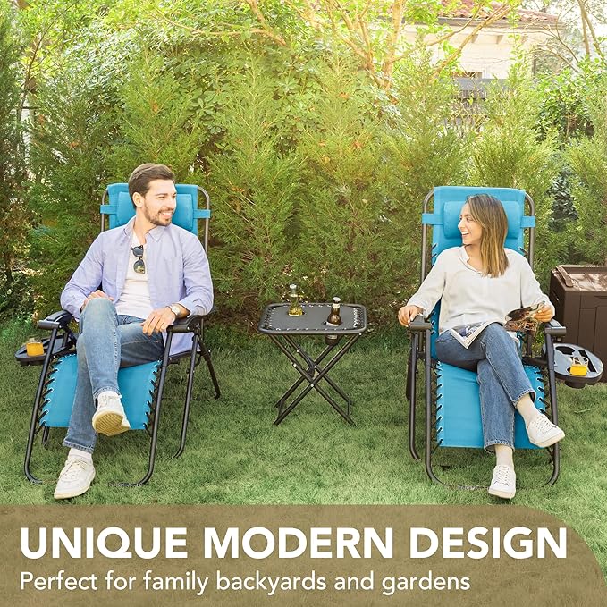 Devoko Patio Zero Gravity Chair Outdoor Folding Adjustable Reclining Chairs Pool Side Using Lawn Lounge Chair with Pillow Set of 2 (Blue)