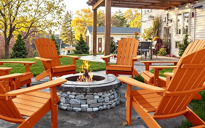 YEFU Adirondack Chairs Set of 6: Plastic Adirondack Chairs - Patio Chairs with Wood Texture - Outdoor Chair HIPS - Lawn Fire Pit Deck Porch Garden Chairs for Adults(Tangerine)