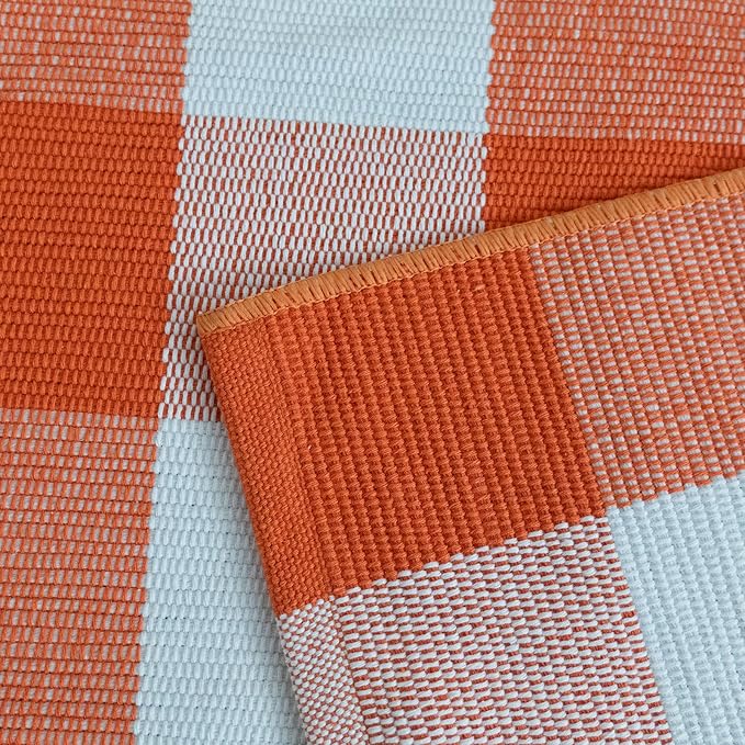 Buffalo Plaid Outdoor Rugs, 3'x5' Orange and White Checkered Indoor/Outdoor Area Rug, Layering Rug for Hello/Welcome Door Mat, Washable Cotton Woven Farmhouse Mat for Fall Front Porch Décor