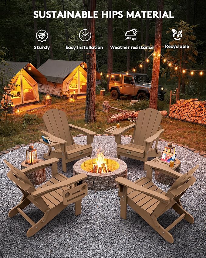 SERWALL Folding Adirondack Chair, Adirondack Chairs with 4 in 1 Multi-Functional Cup Holder, Wood-Like Patio Chair, Lawn Chairs, Weather Resistant HIPS Plastic Fire Pit Chair for Garden, Backyard